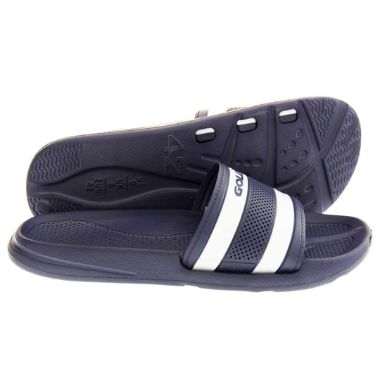 Mens pool shoes. Single strap slip on flip flop sandals. Firm navy blue synthetic sole with bumpy grip to the foot bed. Thick strap over the top of foot. Two white lines sandwiched between navy lines. Gola written in bold blue text across the top white line. Both feet from a side profile with left foot behind the right on its side to show the sole.