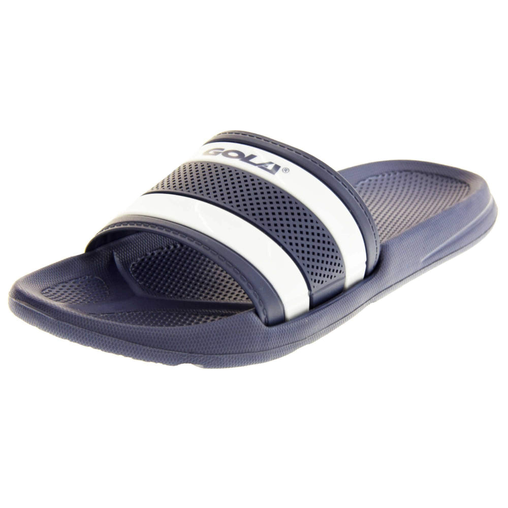 Mens pool shoes. Single strap slip on flip flop sandals. Firm navy blue synthetic sole with bumpy grip to the foot bed. Thick strap over the top of foot. Two white lines sandwiched between navy lines. Gola written in bold blue text across the top white line. Left foot at an angle.