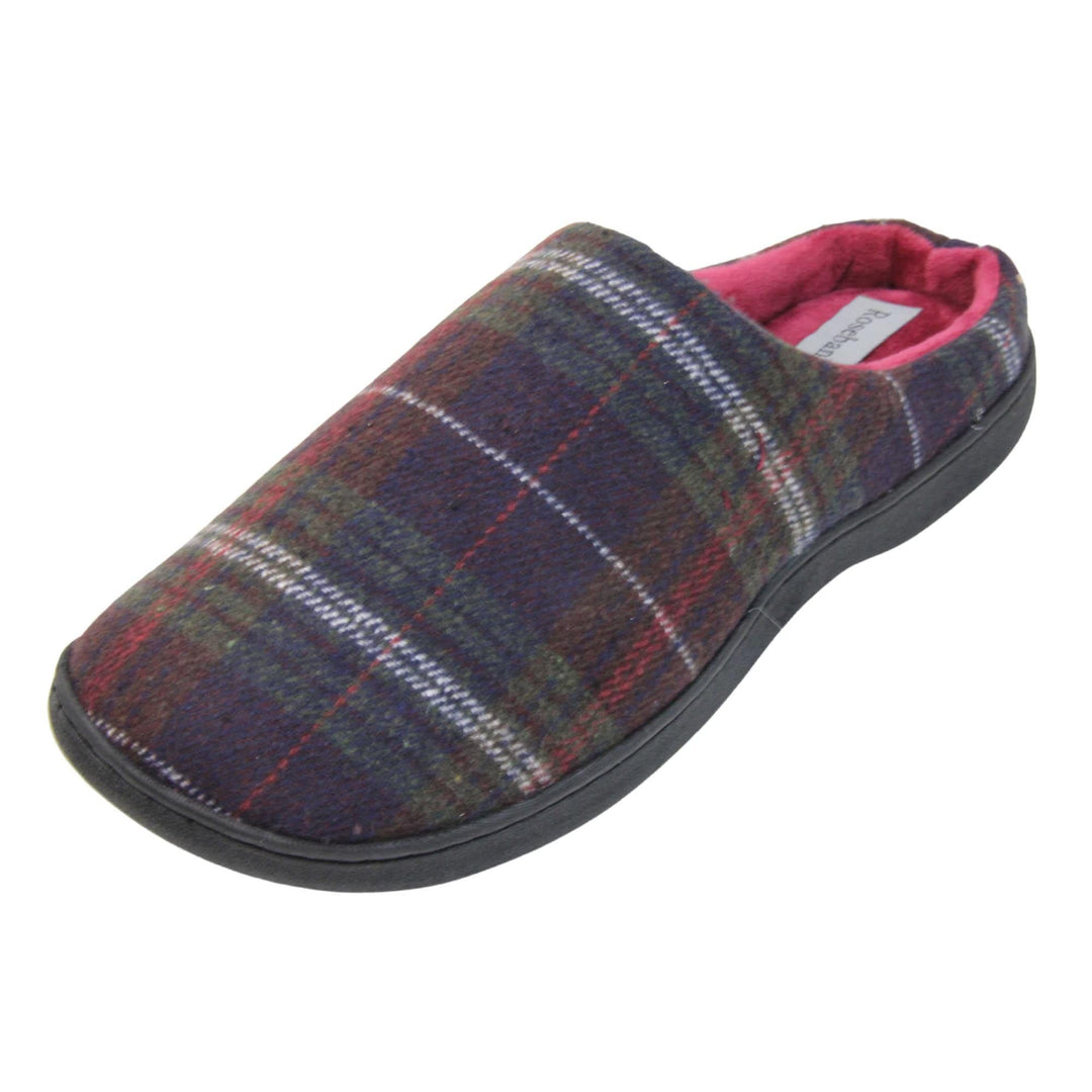 Mule slippers for men. Mule style slippers with fleecy navy and red tartan uppers. Red terry lining and firm black sole. Left foot at an angle.