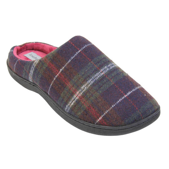 Mule slippers for men. Mule style slippers with fleecy navy and red tartan uppers. Red terry lining and firm black sole. Right foot at an angle.