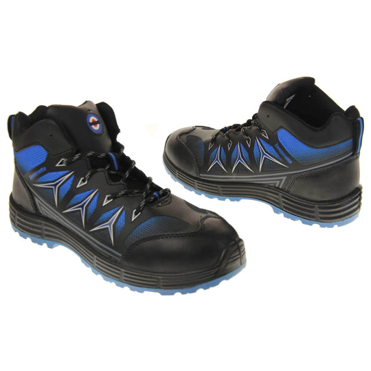 Mens Safety Boots. Black high top boots with bright blue side panels and to the base of the sole. They are steel toed with impact and penetration protection. Lambretta logo to the tongue and Lambretta in blue on the side. Both shoes facing top to tail.