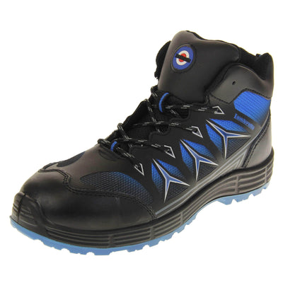 Mens Safety Boots. Black high top boots with bright blue side panels and to the base of the sole. They are steel toed with impact and penetration protection. Lambretta logo to the tongue and Lambretta in blue on the side. Left foot at an angle.