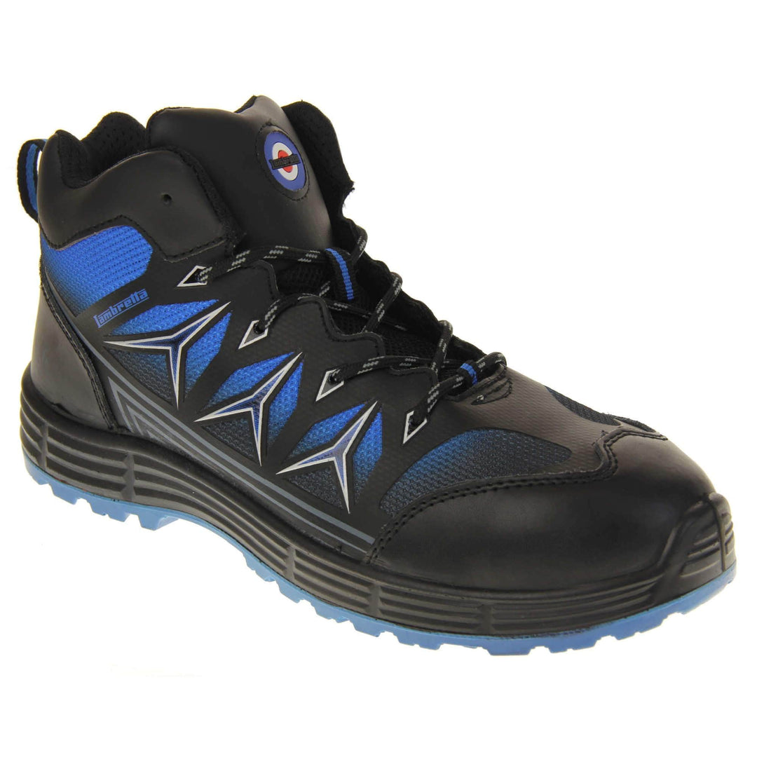 Mens Safety Boots. Black high top boots with bright blue side panels and to the base of the sole. They are steel toed with impact and penetration protection. Lambretta logo to the tongue and Lambretta in blue on the side. Right foot at an angle.