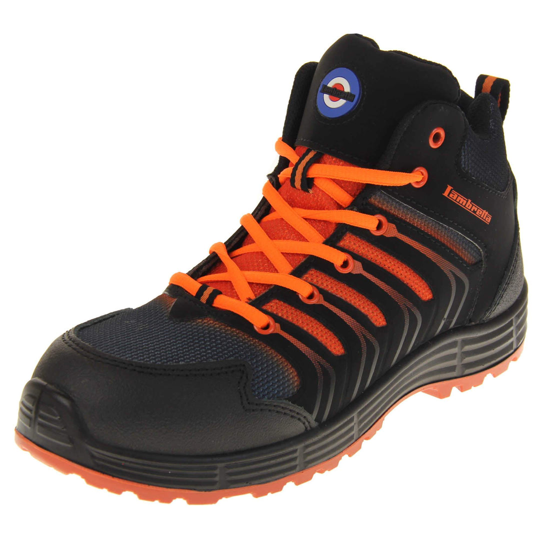Mens Safety Boots. Black high top boots with bright orange laces, tongue and base of the sole. They are steel toed with impact and penetration protection. Lambretta logo to the tongue and Lambretta in Orange on the side. Left foot at angle.