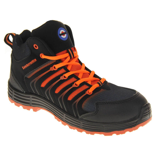 Mens Safety Boots. Black high top boots with bright orange laces, tongue and base of the sole. They are steel toed with impact and penetration protection. Lambretta logo to the tongue and Lambretta in Orange on the side. Right foot at angle.