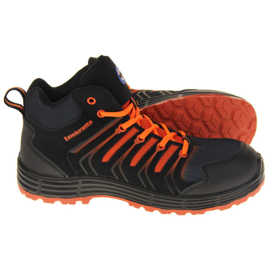 Mens Safety Boots. Black high top boots with bright orange laces, tongue and base of the sole. They are steel toed with impact and penetration protection. Lambretta logo to the tongue and Lambretta in Orange on the side. Both feet from side profile with the left foot on its side to show the sole.