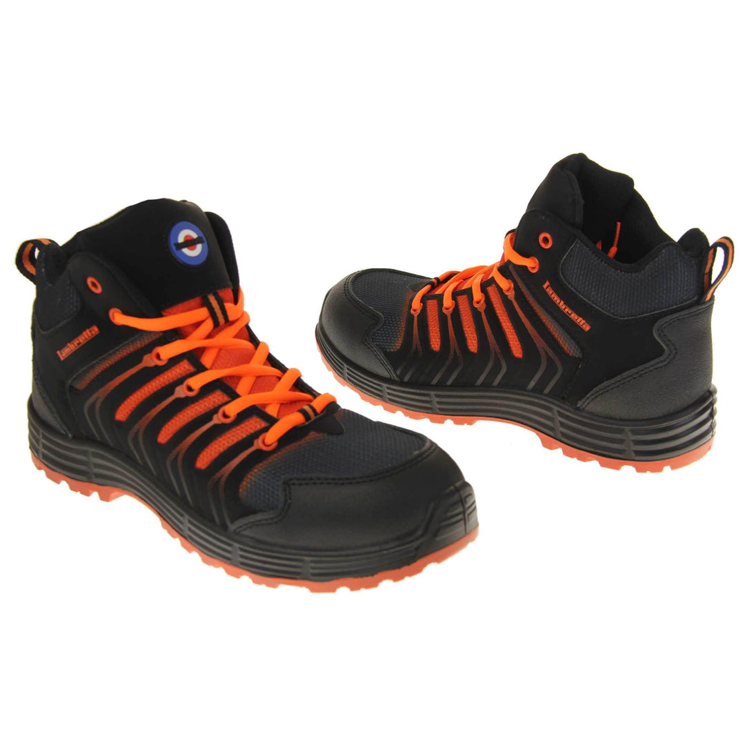 Mens Safety Boots. Black high top boots with bright orange laces, tongue and base of the sole. They are steel toed with impact and penetration protection. Lambretta logo to the tongue and Lambretta in Orange on the side. Both shoes facing top to tail.