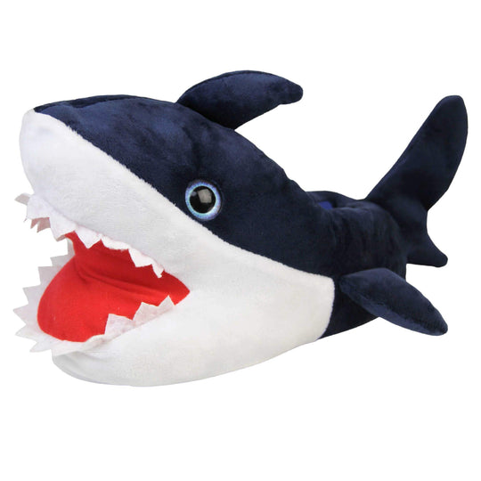 Mens shark slippers. Padded slippers in the shape of a shark with its mouth open. Blue upper and tail and white mouth and belly. Mouth is red felt with white felt shark teeth around the edge. Blue false eyes. Left foot at an angle.