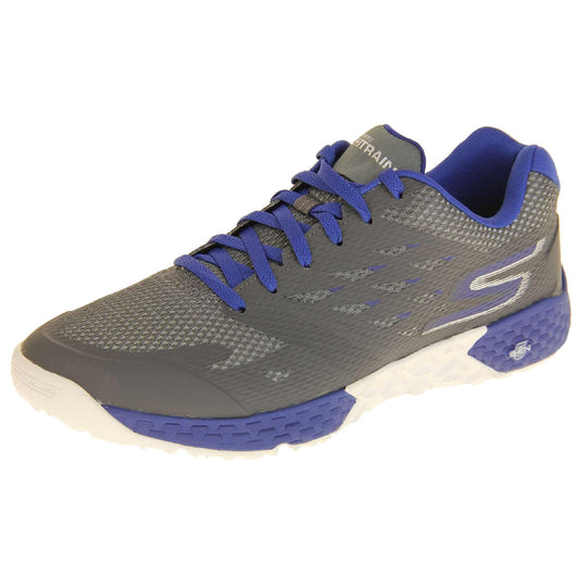 Mens Skechers go train. Grey mesh upper with darker grey overlay. Blue laces and textile lining and small amount of blue detailing. Blue and white Skechers logo to the side of the heel and chunky white and blue outsole with grip. Left foot at an angle.