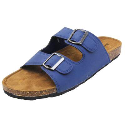Mens Sliders. Double strap navy blue faux leather upper with silver buckles. Brown faux suede insole with Dunlop branding. Cork style outsole with black base. Left foot at an angle.