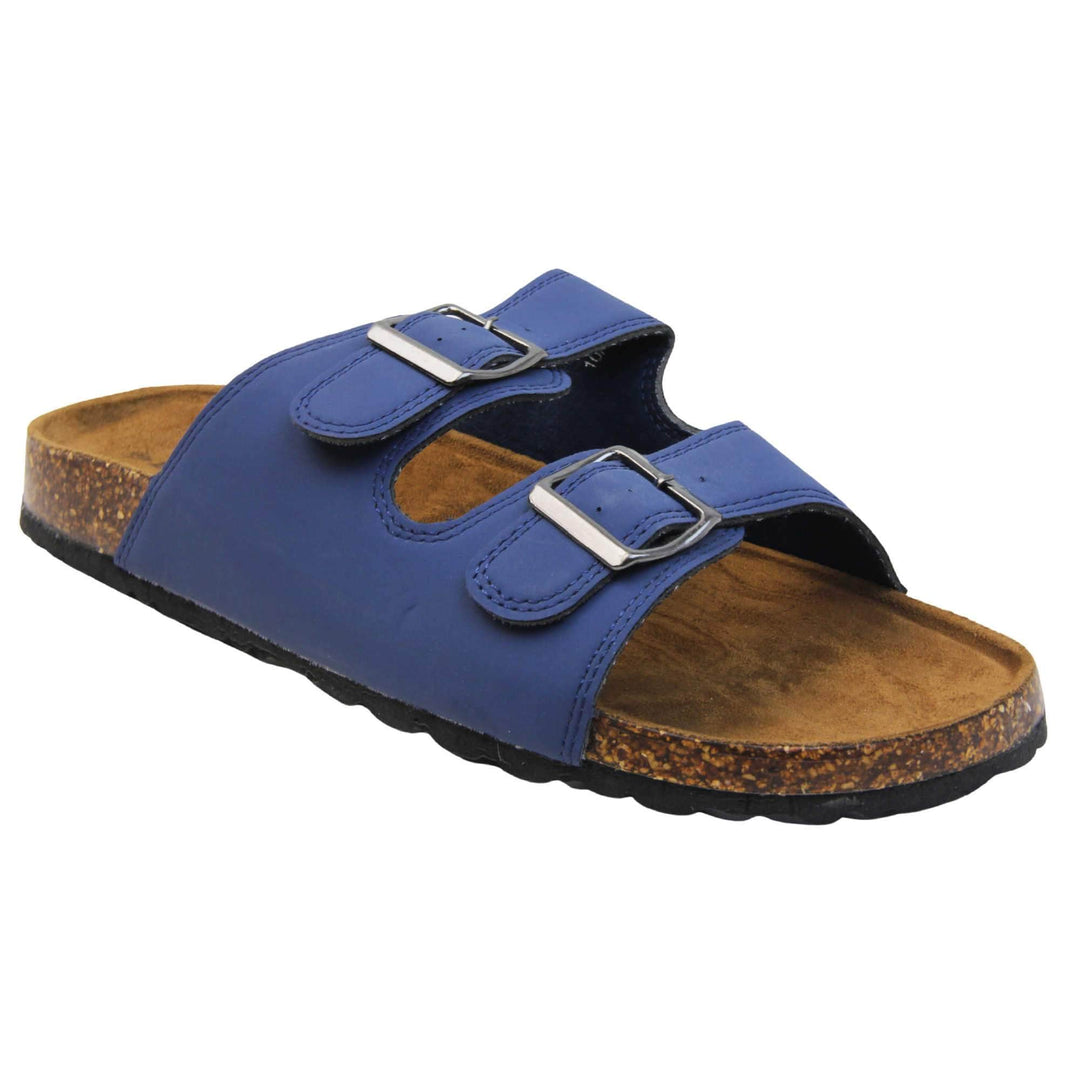Mens Sliders. Double strap navy blue faux leather upper with silver buckles. Brown faux suede insole with Dunlop branding. Cork style outsole with black base. Right foot at an angle.