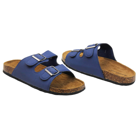 Mens Sliders. Double strap navy blue faux leather upper with silver buckles. Brown faux suede insole with Dunlop branding. Cork style outsole with black base. Both feet at an angle facing top to tail.