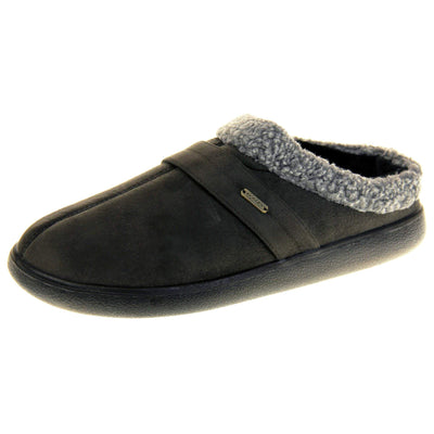 Mens slip on mules. Mens slippers in a mule style. With dark grey faux suede upper. Black fleece lining and grey faux fur collar. Black hard synthetic soles with grip to the base. Left foot at an angle.