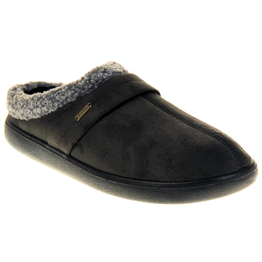 Mens slip on mules. Mens slippers in a mule style. With dark grey faux suede upper. Black fleece lining and grey faux fur collar. Black hard synthetic soles with grip to the base. Right foot at an angle.