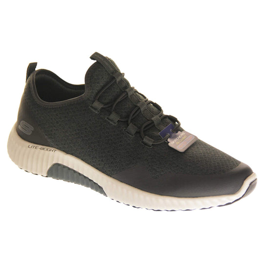 Mens slip on Skechers. Charcoal grey mesh upper with black elasticated laces for a slip on trainer. Black Skechers logo to the heel and chunky white outsole with black bottom with grip. Right foot at an angle.