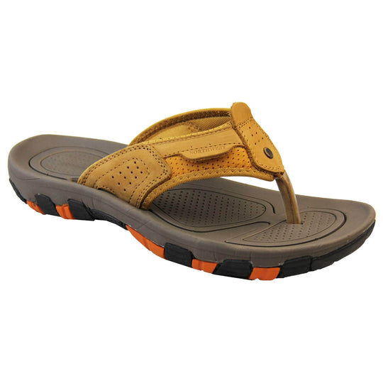 Mens sport flip flops. Brown suede leather upper with stitching detail. Black synthetic sole with orange grip to the base. Right foot at an angle.