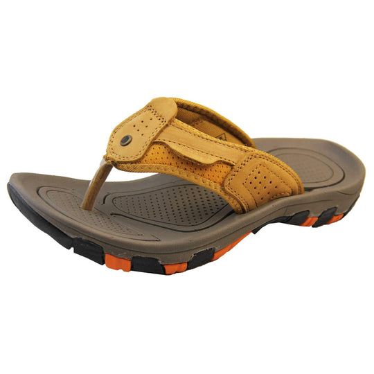 Mens sport flip flops. Brown suede leather upper with stitching detail. Black synthetic sole with orange grip to the base. Left foot at an angle.