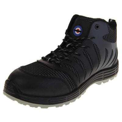 Mens Safety Boots. Black high top boots with grey to the base of the sole. They are steel toed with impact and penetration protection. Lambretta logo to the tongue. Left foot at angle.
