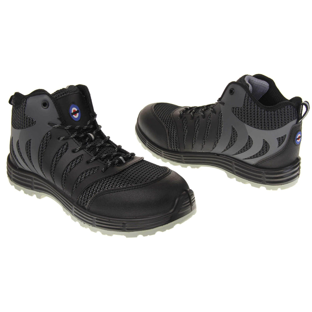 Mens Safety Boots. Black high top boots with grey to the base of the sole. They are steel toed with impact and penetration protection. Lambretta logo to the tongue. Both shoes facing top to tail.
