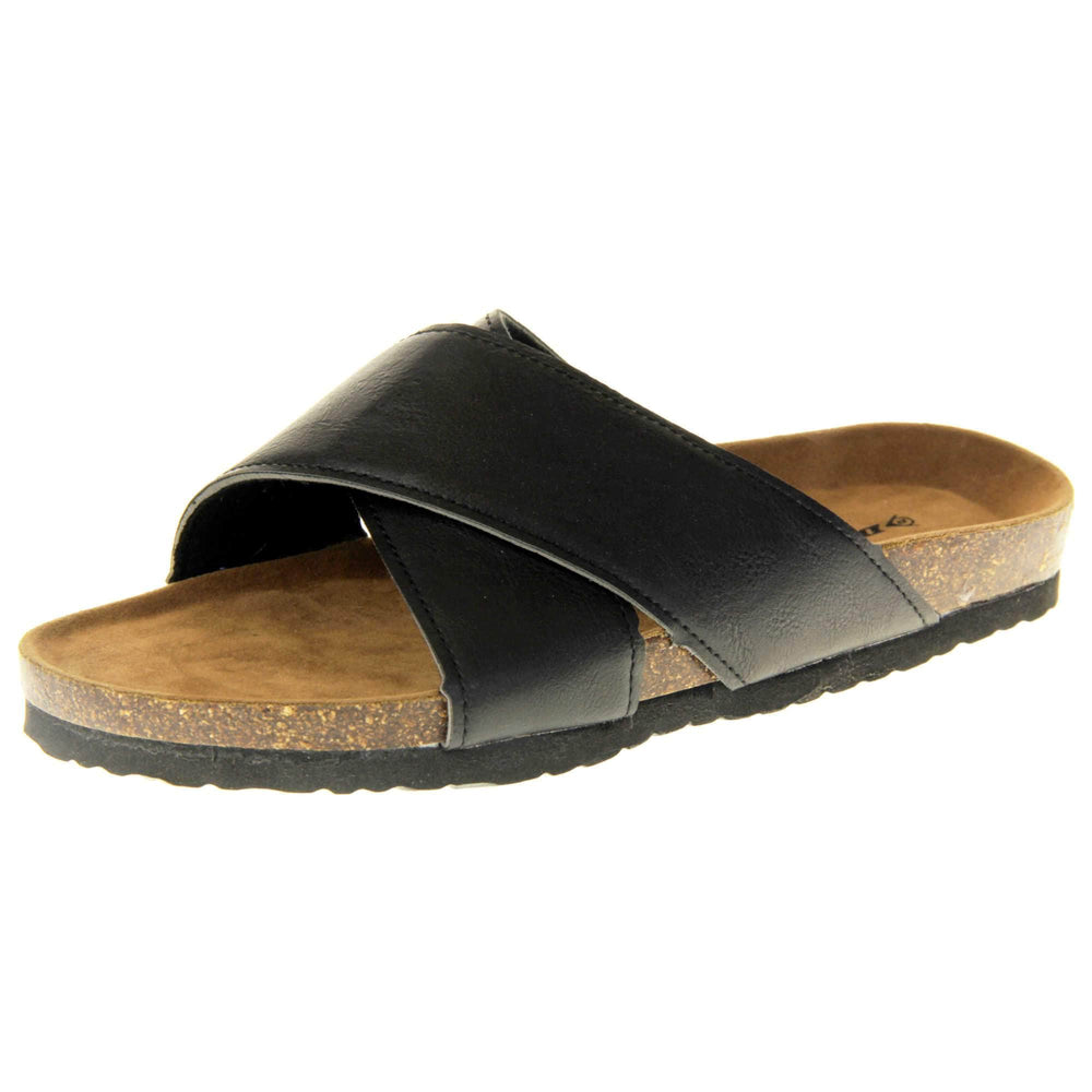 Mens two strap sandals. Black faux leather upper of two thick straps crossed over each other. Brown faux suede insole with Dunlop branding. Cork style outsole with black base. Left foot at an angle.