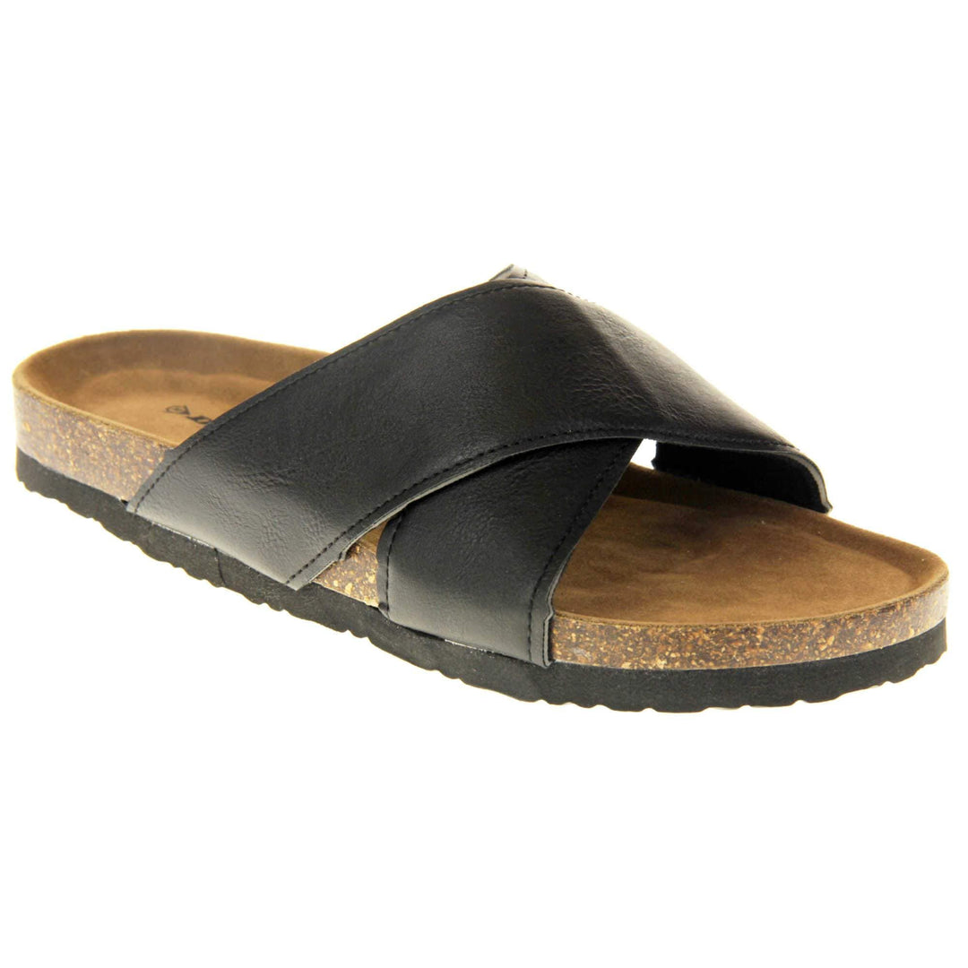 Mens two strap sandals. Black faux leather upper of two thick straps crossed over each other. Brown faux suede insole with Dunlop branding. Cork style outsole with black base. Right foot at an angle.