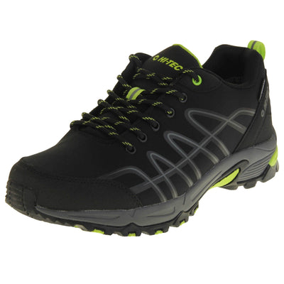 Mens walking shoes. Black trainers with a waterproof membrane. Light grey lines up the sides of the trainer outlined in dark grey. Chunky grey sole with neon yellow accents. Black laces with yellow lines on. Neon yellow tab to hold the tongue to the laces. Neon yellow Hi Tec branding on the tongue.Black fabric band on the heel with Hi Tec branding. Neon yellow loop to the back of the trainer to help pull trainers on. Left foot at an angle.