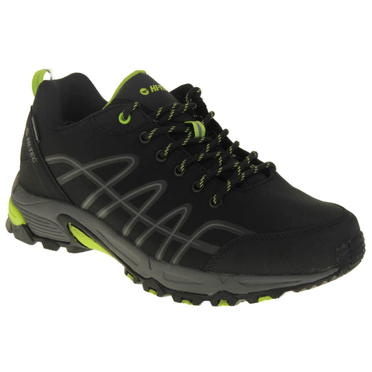 Mens walking shoes. Black trainers with a waterproof membrane. Light grey lines up the sides of the trainer outlined in dark grey. Chunky grey sole with neon yellow accents. Black laces with yellow lines on. Neon yellow tab to hold the tongue to the laces. Neon yellow Hi Tec branding on the tongue.Black fabric band on the heel with Hi Tec branding. Neon yellow loop to the back of the trainer to help pull trainers on. Right foot at an angle.