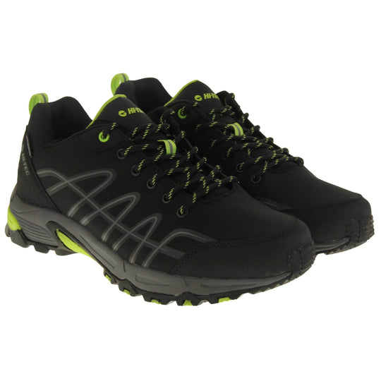 Mens walking shoes. Black trainers with a waterproof membrane. Light grey lines up the sides of the trainer outlined in dark grey. Chunky grey sole with neon yellow accents. Black laces with yellow lines on. Neon yellow tab to hold the tongue to the laces. Neon yellow Hi Tec branding on the tongue.Black fabric band on the heel with Hi Tec branding. Neon yellow loop to the back of the trainer to help pull trainers on. Both shoes together at an angle.