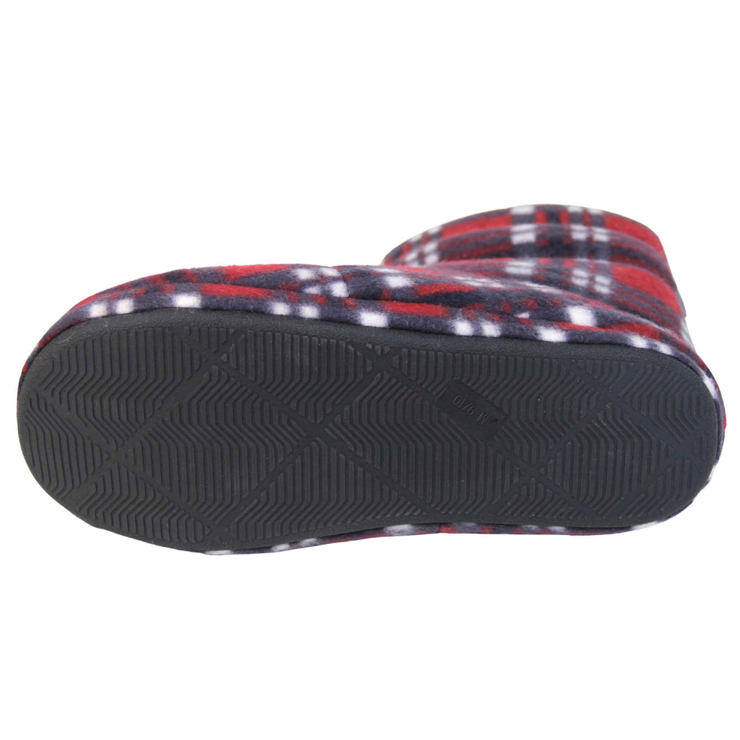 Mens Warm Slipper Boots. Mens slipper boots going just above the ankle, with a red fleece outer with black and white plaid over the red. Black hard sole with grip to the bottom. Faux fur lining. Sole of shoe to show the grip.