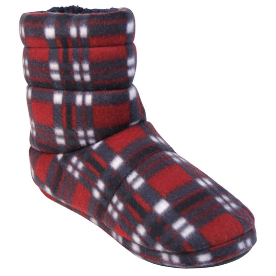 Mens Warm Slipper Boots. Mens slipper boots going just above the ankle, with a red fleece outer with black and white plaid over the red. Black hard sole with grip to the bottom. Faux fur lining. Right foot at an angle.