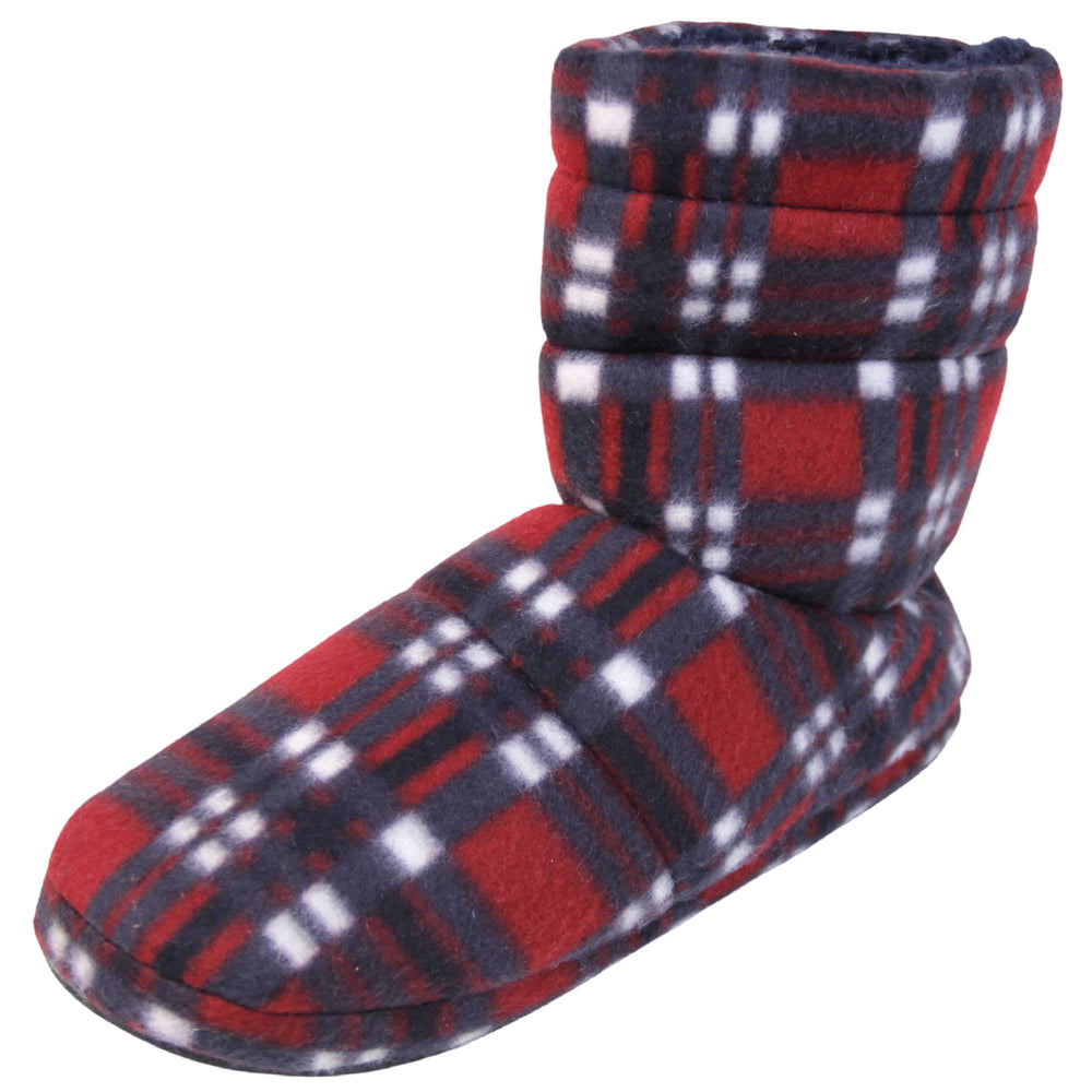 Mens Warm Slipper Boots. Mens slipper boots going just above the ankle, with a red fleece outer with black and white plaid over the red. Black hard sole with grip to the bottom. Faux fur lining. Left foot at an angle.
