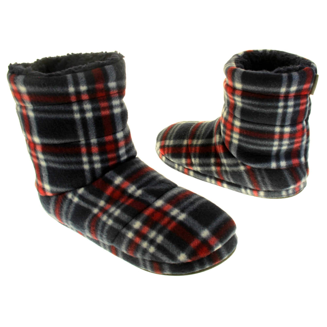 Mens warm slippers boots. Slipper boots with a soft navy fabric upper with red and white check. With a firm black synthetic sole with grip to the base. Black faux fur lining. Both feet at a slight angle, facing top to tail.