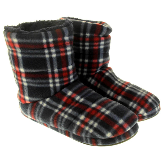 Mens warm slippers boots. Slipper boots with a soft navy fabric upper with red and white check. With a firm black synthetic sole with grip to the base. Black faux fur lining. Both feet together at a slight angle.