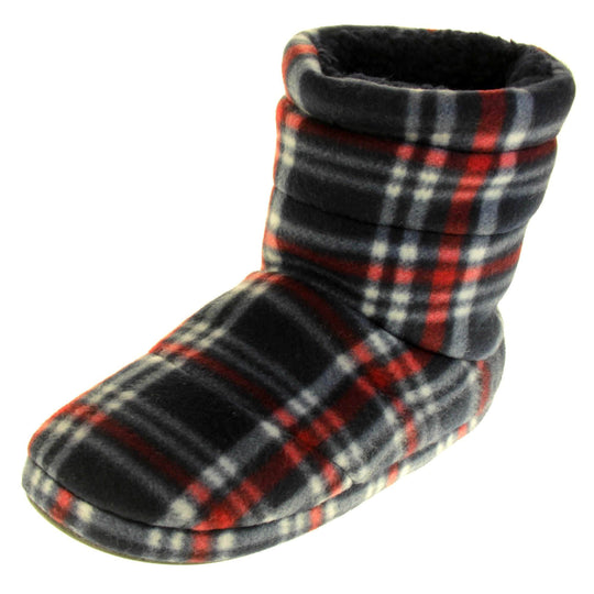 Mens warm slippers boots. Slipper boots with a soft navy fabric upper with red and white check. With a firm black synthetic sole with grip to the base. Black faux fur lining. Left foot at an angle.