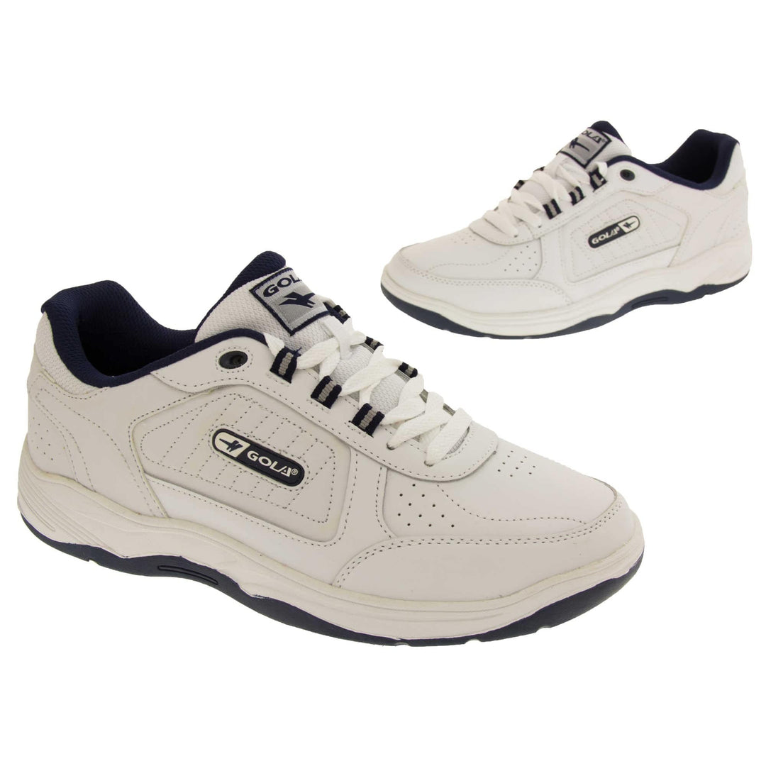 Mens white trainers. Classic trainer style with white leather upper and white stitching detail. White laces and sole with black textile lining. Black and white Gola branding to the side. White outsole with black bottom. Both feet from slightly off a side angle facing in an L shape.