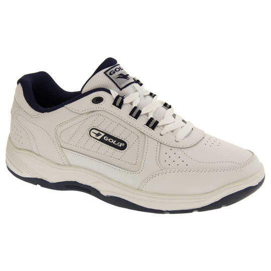 Mens white trainers. Classic trainer style with white leather upper and white stitching detail. White laces and sole with black textile lining. Black and white Gola branding to the side. White outsole with black bottom. Right foot at an angle.