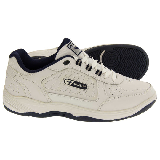 Mens white trainers. Classic trainer style with white leather upper and white stitching detail. White laces and sole with black textile lining. Black and white Gola branding to the side. White outsole with black bottom. Both feet from a side profile with the left foot on its side to show the sole.