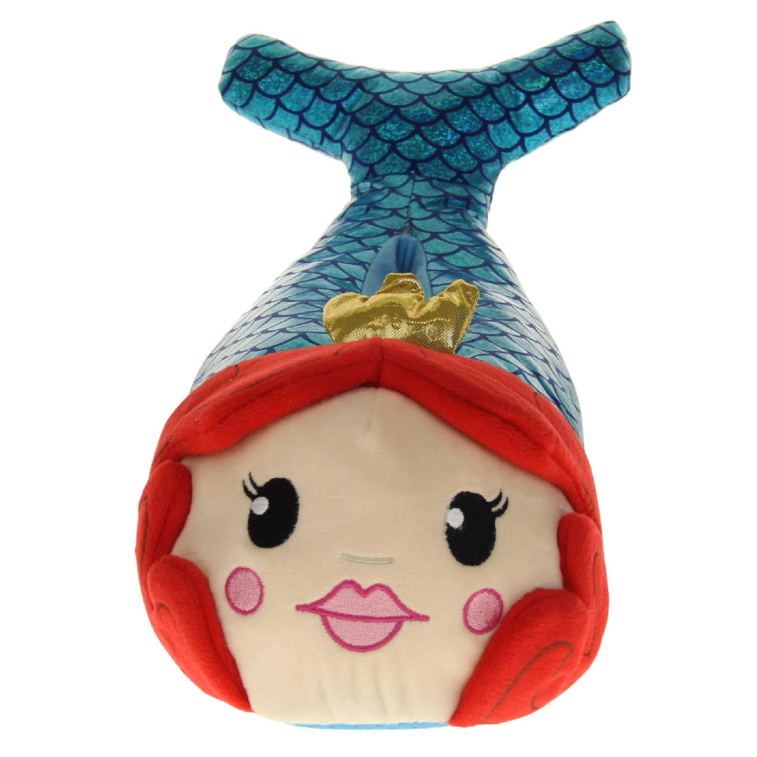 Mermaid slippers. Womens padded slippers shaped like a mermaid. With a metallic teal body with scale design. Mermaid face with red hair and metallic gold crown. Right foot from the front to show the face detail.