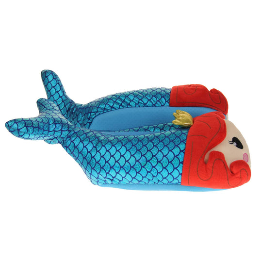 Mermaid slippers. Womens padded slippers shaped like a mermaid. With a metallic teal body with scale design. Mermaid face with red hair and metallic gold crown. Both feet from a side profile with the left foot on its side behind the the right foot to show the sole.