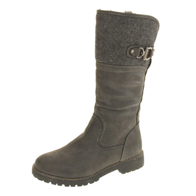 Mid calf winter boots. Women's boot in a below the knee style. With a grey faux leather upper and grey felt effect collar with grey buckle detail. Grey sole with chunky grip to the bottom. Zip fastening to the inside leg. Grey faux fur lining. Left foot at an angle.