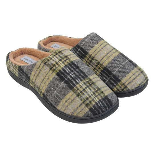 Mule slippers for men. Mule style slippers with fleecy yellow and grey tartan uppers. Brown terry lining and firm black sole. Both feet together at an angle.