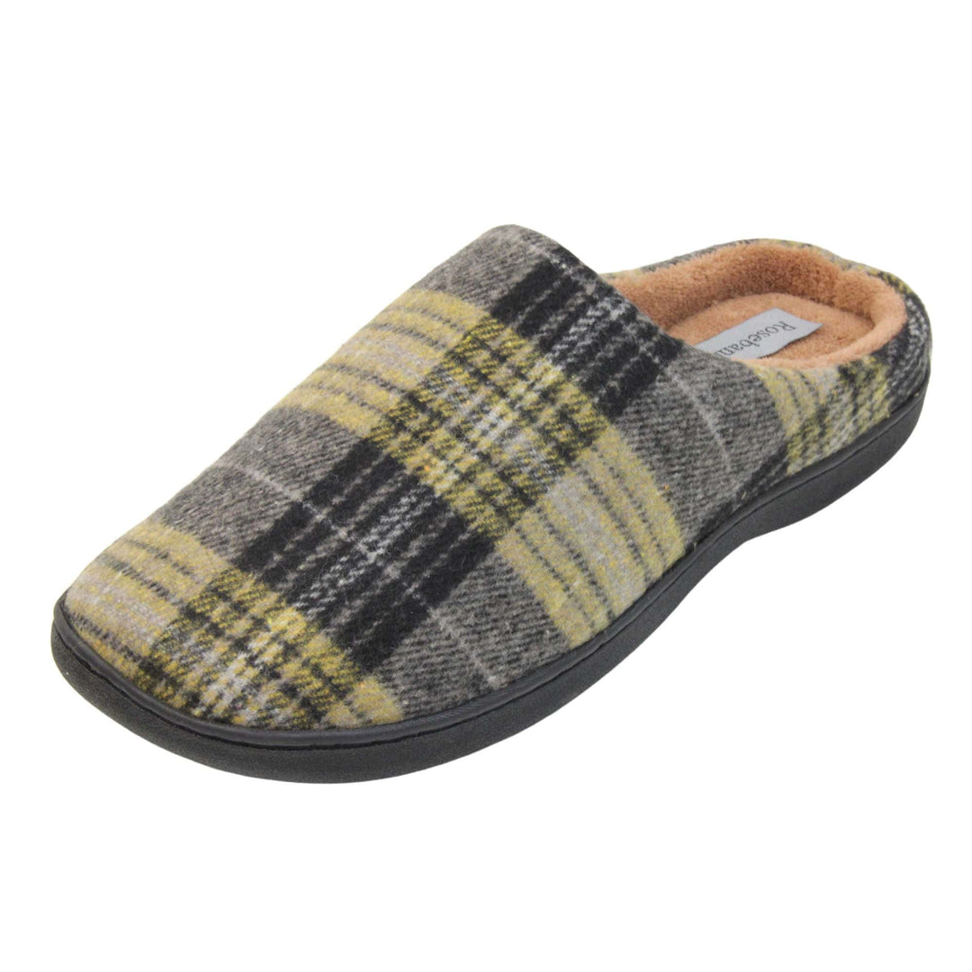 Mule slippers for men. Mule style slippers with fleecy yellow and grey tartan uppers. Brown terry lining and firm black sole. Left foot at an angle.