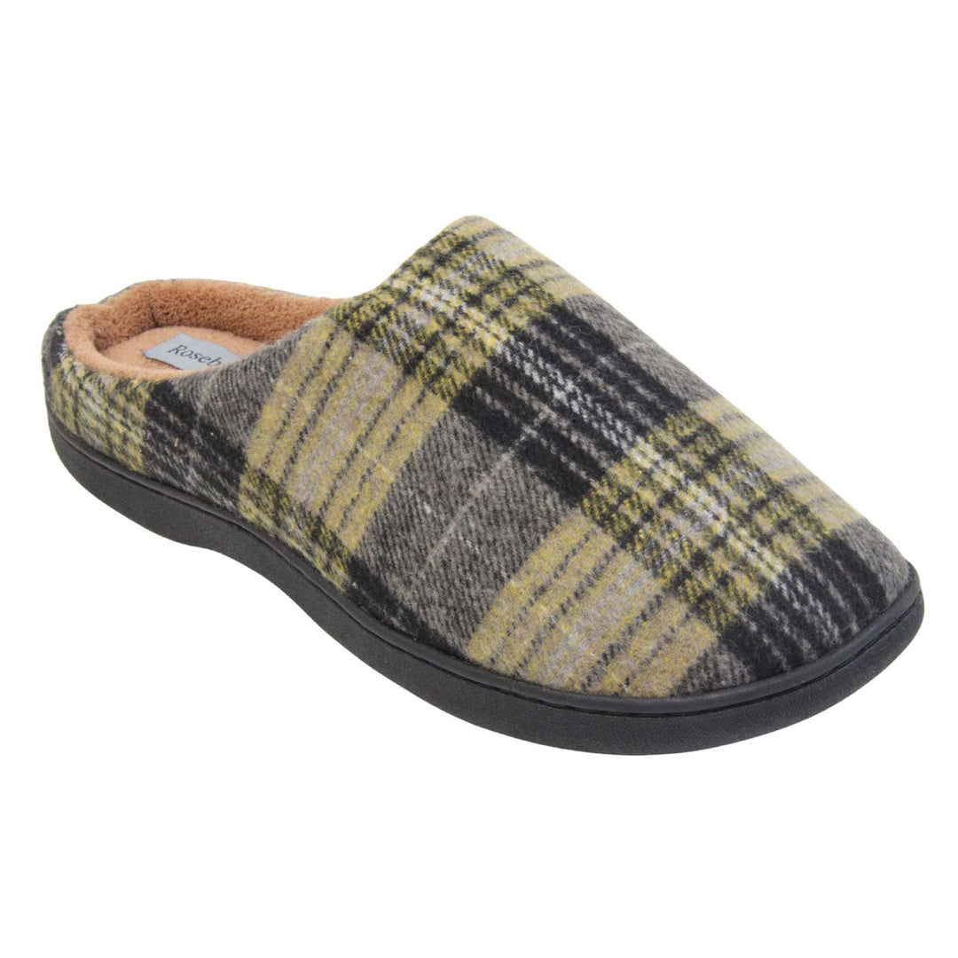 Mule slippers for men. Mule style slippers with fleecy yellow and grey tartan uppers. Brown terry lining and firm black sole. Right foot at an angle.