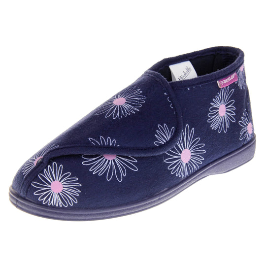 Navy blue slippers. Womens bootie style slipper with a navy blue textile upper with a white and pink flower print. Touch fasten tab to the top and blue textile lining. Firm navy sole. Left foot at an angle.