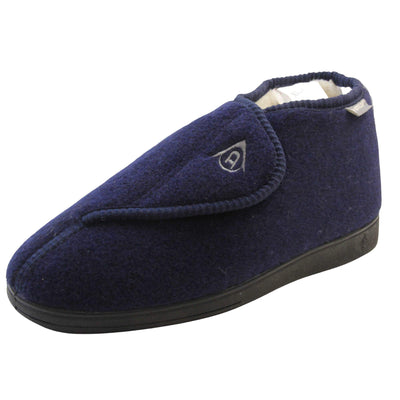 Orthopaedic slippers. Mens orthopaedic slippers in an ankle boot style. With a navy blue felt upper and white fleece lining. With an adjustable touch close top with a grey Dunlop logo on. Small grey label to the outer side edge with Dunlop written on. Thick black outdoor sole. Left foot at an angle.