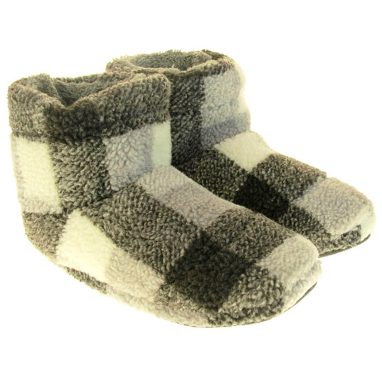 Outdoor Slipper Boots. Soft fleecy upper in a grey and white plaid. Firm synthetic black sole and grey faux fur lining. Both feet together from a slight angle.