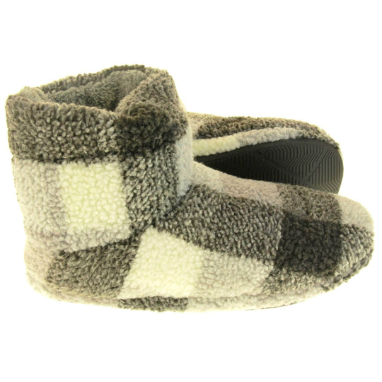 Outdoor Slipper Boots. Soft fleecy upper in a grey and white plaid. Firm synthetic black sole and grey faux fur lining. Both feet from side profile with left foot on its side to show the sole. 