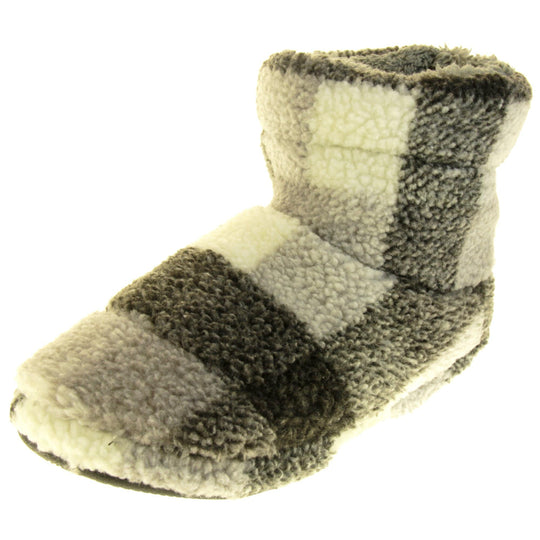 Outdoor Slipper Boots. Soft fleecy upper in a grey and white plaid. Firm synthetic black sole and grey faux fur lining. Left foot at an angle.
