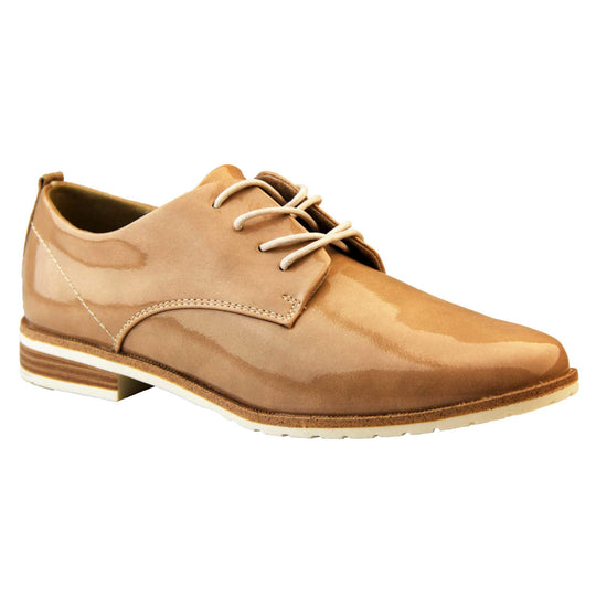 Patent oxfords. Womens oxford style shoes with a nude patent faux leather upper. Stitching detail to the sides. Cream laces and beige lining. Brown and cream sole with a very slight heel. Right foot at an angle.