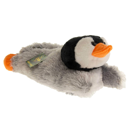 Penguin slippers. Womens padded slippers shaped like a penguin lying on its stomach. With grey faux fur body and black and white fluffy head. Right foot at an angle.